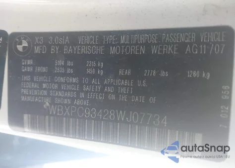 2008 BMW X3 3.0Si from USA, damaged, VIN WBXPC93428WJ07734